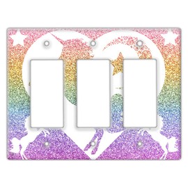 Decorative Wall Switch Cover Plate - Glitter Unicorn Decor Switch Plate (No Messy Real Glitter) - Great For Nursery With Pinks, Greens, Blues, and Golds (Triple Rocker Switch Cover)