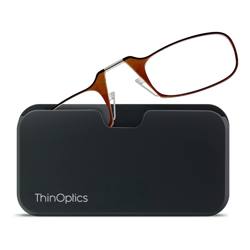 ThinOptics Universal Pod Rectangular Reading Glasses, Brown Frames/Black Case, 2