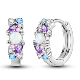 NARMO 925 Sterling Silver Hoop Opal Earrings for Women Purple Cubic Zirconia Small Silver Hoops