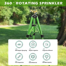 Heavy-Duty Brass Impact Sprinkler on Ground PlugTripod Base, 0-43 Feet Large Area Coverage Yard Sprinkler, 360° Rotating Irrigation Yard Sprinkler,Adjustable Height 16-37" Water Sprinkler,Green