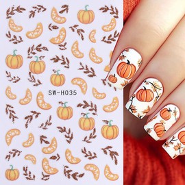 6 Sheets Fall Pumpkin Nail Stickers Autumn Maple Leaf Nail Art Stickers Decals 3D Self Adhesive Nail Decals Cute Pumpkin Maple Leaves Designs Nail Decor for Thanksgiving Day DIY Manicure Supplies