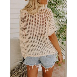 Dokotoo Womens Fashion Spring Summer Tops 2025 Short Sleeve Crochet Hollow Out Sweaters Scoop Neck Lightweight Thin Knit Pullover Apricot Large