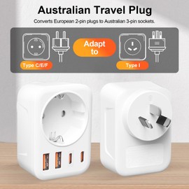 Clomnpe Australia 5-in-1 Travel Adapter with 2 USB 2, USB C (3.4A) and 1 AC, Adapter Australia Germany Plug, Type I Travel Plug for Australia China, Argentina, New Zealand