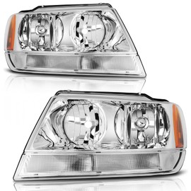 LSAILON Headlight Assembly Replacement Fit For Jeep Grand Cherokee 1999-2004 Chrome Housing Amber Reflector Clear Lens Driver and Passenger Side 55155552AE 55155553AE