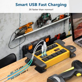 BTU Heavy Duty Power Strip with USB C PD 20W, Workshop 10 Outlet Surge Protector 1200 Joules, Industrial Metal 15amp Power Strip, 6FT Extension Cord for Garden Kitchen Office ETL Listed Yellow