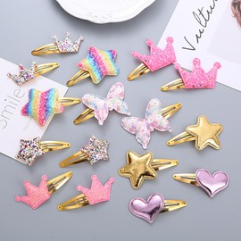 8 Pairs Shiny Hair Clips Metal Snap Barrettes for Girls Star, Heart, Crown, Butterfly Shaped Hair Accessories (C)