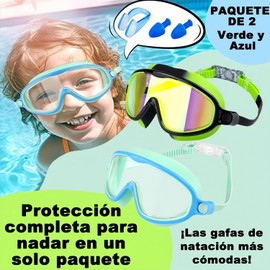 Gafas de Natación para Niños,2 Pcs Anteojos de Natación para Niños con Tapón para La Oídos y Clip para La Nariz,Swim Goggles Ajustable de Silicona,Protección UV,Sin Fugas,Antivaho Anteojos de Natación