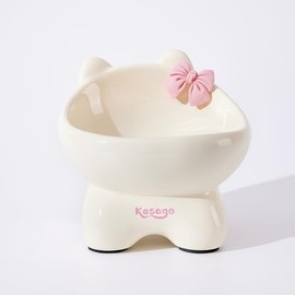 Kesago Elevated Neck Protection Cat Bowl .Cute cat Shape .Send a Bow DIY. Neck Protection to Prevent Vomiting (Keep Away from Black Chin) (Milk Yellow)