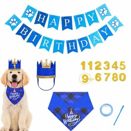 Generic Dog Birthday Hat Bandana - Complete Set with Hat, Bandana, Scarf, Bow, Banner (Blue, One Size)