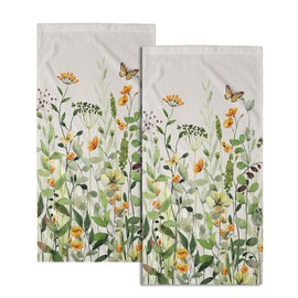 Wildflowers Hand Towels, 14x28 Inch Spring Orange Green Floral Butterfly Absorbent Soft Dish Washing Cloth Tea Towels for Farmhouse Kitchen Bathroom Home Gym Beach Decor