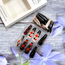 Red Black Heart Press on Nails Medium Length Valentine's Acrylic Nails Love Heart Rose Design Full Cover Glue on Nails Glossy False Nails Valentines Stick on Nails for Women Holiday Nails 24Pcs