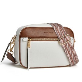 Crossbody Bag For Women Small Vegan Leather Cross body/over Shoulder Purse and Handbags With Long Guitar Adjustable Strap (White&Brown)