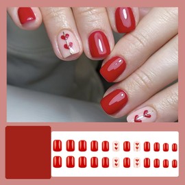 Valentine Press on Nails Short RIICFDD Fake Nails Square False Nails Red Nails Press ons Red Glossy Heart Press on Nails Full Cover Reusable Glue on Nails for Women Girls Nail Decoration 24 Pcs