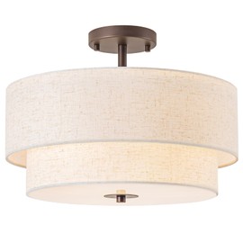 Bargeni 16" Semi Flush Mount Ceiling Light, 3-Light Drum Ceiling Light Fixture, Oil Rubbed Bronze with Double Linen Fabric Shade, Modern Light Fixtures Ceiling Mount for Bedroom, Living Room, Entryway