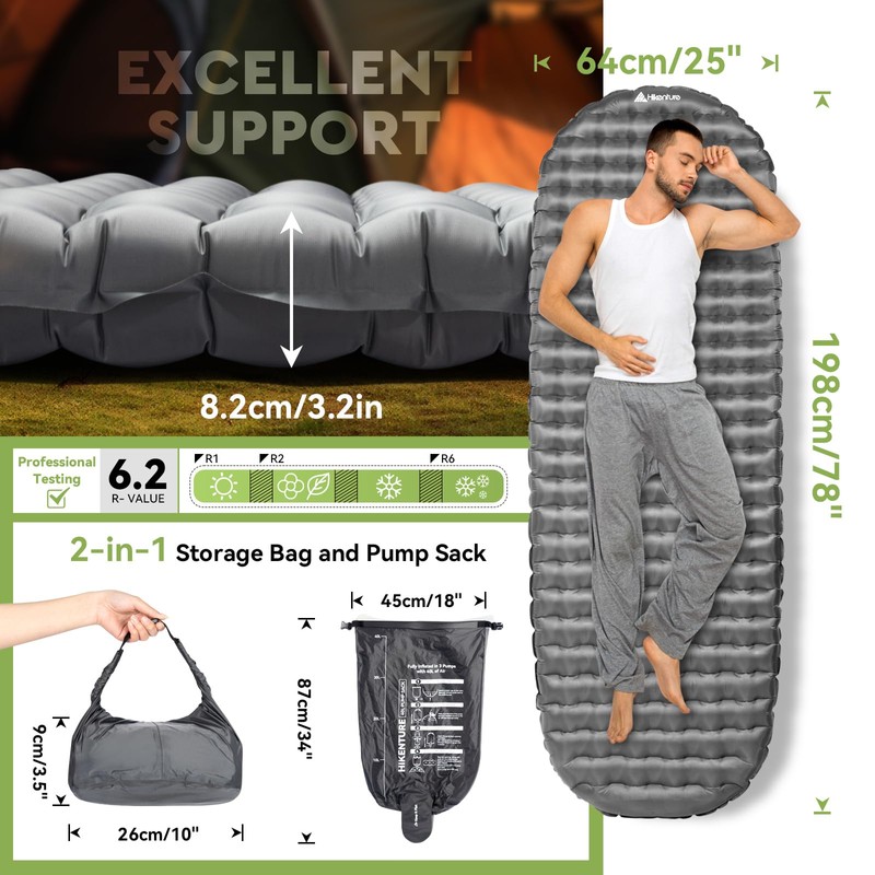 HIKENTURE Sleeping Pad, 6.2 R-Value Insulated Camping Mat with Pump