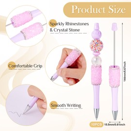 Beadthoven 10pcs Crystal Beadable Pens, DIY Plastic Bead Pens Diamond Beaded Pen Cute Rhinestone Pens Shaft Black Ink Ballpoint Pens for DIY Pens Making Supplies Office School Gift Lilac