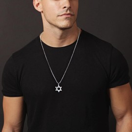 Star of David Necklace Stainless steel David Star Jewish Star Pendant on round Box Chain Dainty Religious Necklaces Gifts for Men Guys Son (16IN, SILVER)