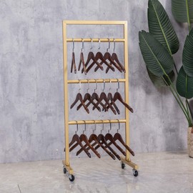 FURVOKIA Simple Modern Heavy Duty Metal Rolling Hanger Storage Rack with Wheel,Retail Display Floor-Standing Towel Pants Scarf Organizer Shelves (Gold, 3 Tier)