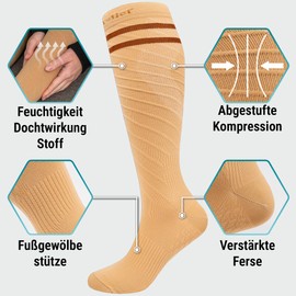 360 Relief Compression Stockings Class 1 for Men and Women - 15-20 mmHg Support Stockings for Long Distance Flight, Travel, Sports, Running, Running - 2 Pairs Compression Socks L/XL Beige with Laundry