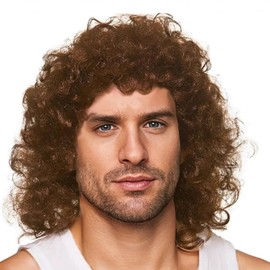 COWANIEE Brown Curly Wig for Men, 80s Mullet Wigs