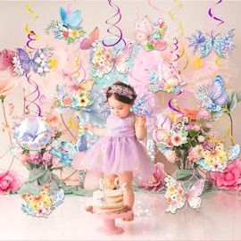 Butterfly Hanging Swirls - 54 Pcs Butterfly Themed Swirls, Butterfly Floral Hanging Swirl & Butterfly Hanging Ceiling Swirl for Butterfly Birthday Decorations & Butterfly Party Decorations