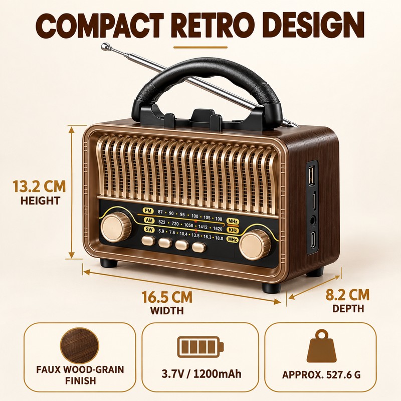 Retro Portable AM/FM/SW Radio with Bluetooth, AUX, TF Card, USB-C