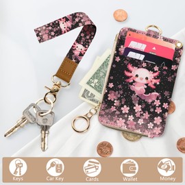 bolimoss Axolot ID Badge Holder & Lanyard Wallet 2-in-1Cute Sakura Womens Small Wallet with Removable Wristlet & Neck Lanyard, Clear Window, 5 Card Slots, Side Zipper Pocket, Ring Keychain