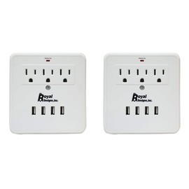 Royal Designs USU-4200-WH-2 USB Wall Mount 300 Joules Surge Protector with 3 Outlets and Four 2.1A USB Ports, White, Set of 2