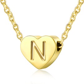 SKQIR Initial Heart Necklace with Letter N，14k gold filled Tiny Pendant Dainty Minimalist Gift for Women