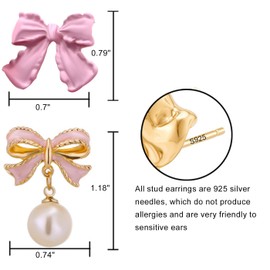 PINCHUAN 2pairs Gold Bow Earrings Small Classic Bow Stud Earrings Gold Bow Knot Earrings Pearl Bow Earrings Pink Bow Earrings Bow Drop Earrings Christmas Bow Earrings for Women-2pairs pink