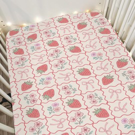Boho Strawberry Flowers Baby Crib Sheets for Girl 52"x28" Strawberries Pink Bows Checkerboard Soft Snug Fitted Crib Mattress Covers Summer Fruit Baby Sheet for Standard Crib & Toddler Bed Mattress