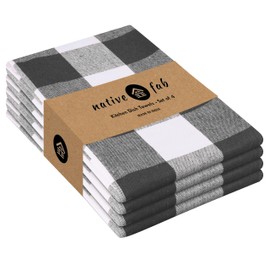Native Fab 4-Pack Kitchen Towel with Hanging Loop 16x26 inches, Cotton Buffalo Check Kitchen Towels for Cleaning Drying, Washcloths Soft & Absorbent Cloth Rags, Bar Towel, Dish Cloth, Grey