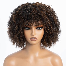 Style Icon Short Kinky Curly Wig with Bangs Human Hair for Black Women Highlight Brown Short Curly Bang Wig 200% Density Curly Bob Glueless Wig (Black mixed Brown, 12 inch)
