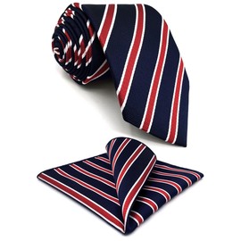 S&W SHLAX&WING Men's Striped Necktie, Blue, Red, Business, 3.5" x 63" Necktie + Pocket Square