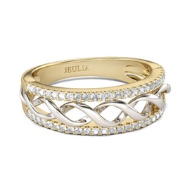 Jeulia Sterling Silver Two Tone Twist Band Rings Round Cut Anniversary Rings for Women for Her Girls with Jewellery Box (Silver and Yellow Gold, 58 (18.5)), Sterling Silver