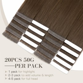 S-noilite Tape in Hair Extensions Human Hair,20 inch Upgraded Double Needle Human Hair Tape in Extensions Seamless Invisible Tape in Hair Extensions Human Hair 50g 20pcs (#2 Dark Brown）