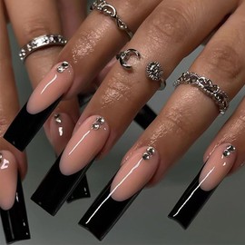 Leuhiove 24 Pcs Long French Tip Press on Nails Black Square Fake Nails with Rhinestone Full Cover Acrylic Glue on Nails Design Coffin False Nails for Women and Girls