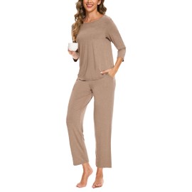 GYS Bamboo Viscose Women's Pajama Sets Comfy 3/4 Sleeve Sleepwear Sets with Pockets, Camel, Medium