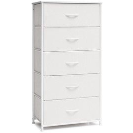 Crestlive Products Tall Dresser for Bedroom Vertical Storage Tower - Wide Fabric Dresser & Chests of Drawers for Closet, Hallway, Entryway w/Wood Top, Easy Pull Fabric Bins - 5 Drawers(White)
