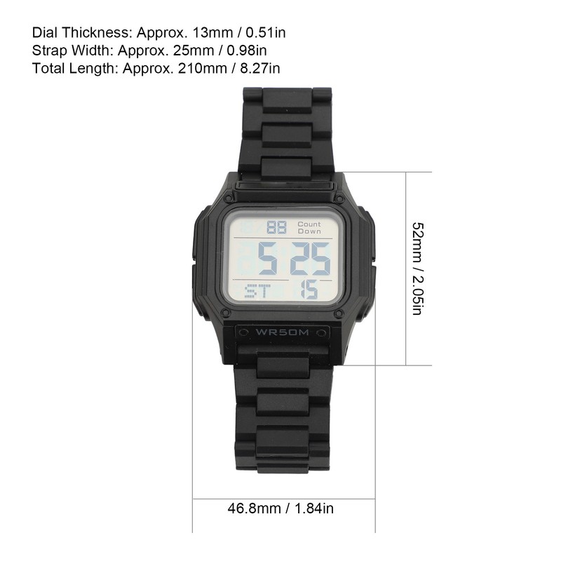 Digital Watch 50m Waterproof Backlit Display Electronic Watch with Alarm