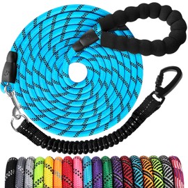 Long Dog Leash 30 FT: Heavy Duty Rope Leashes for Dogs Training with Swivel Lockable Hook Reflective Threads Bungee and Padded Handle - Dog Lead for Large Small Medium Dogs Outside Walking Hiking Blue