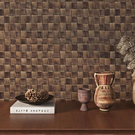 ReWallpaper Vintage Rattan Peel and Stick Wallpaper Dark Brown Basketweave Contact Paper 15.8in×23ft Natural Faux Woven Look Braided Wallpaper Waterproof Wall Paper for Kitchen Bathroom Door Closet