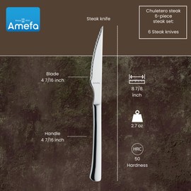 Amefa Chuletero Steak Knives, Set of 6, Hardened Stainless Steel, Hammered Ergonomic Handle Design, Micro Serrated Edge 4 Inch Blade Steak Knife