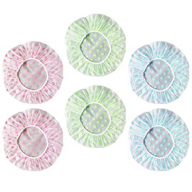 6 Pieces Waterproof EVA Plastic Shower Cap,Elastic Reusable Bathing Hair Cap,Beauty Salon Spa Shower Caps Lace Elastic Band Flower Printed Hat Environmental Protection Hair (dotted shower cap)