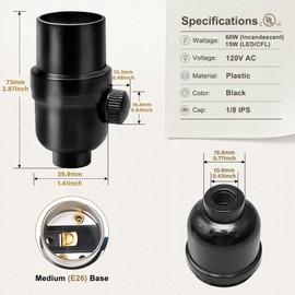 DiCUNO UL Listed Full Range Dimmer Lamp Socket Replacement, Vintage E26 Light Bulb Socket, Rotating Dimmer Switch Knob for Table, Floor Lamp, DIY Project, Black, 60 Watt, 1-Pack