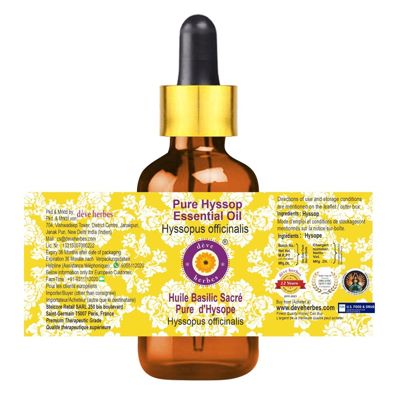 Deve Herbes Pure Hyssop Essential Oil (Hyssopus officinalis) with Glass