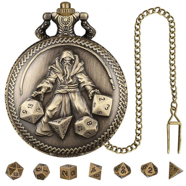 DND Wizard Pocket Watch Shell Case with Chain & Dice