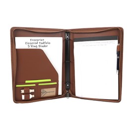 Freeprint Zippered Portfolio 3 Ring Binder Organizer with Writing Pad Legal Size Letter - PU Leather Padfolio Document Organizer for Interview Business，Brown