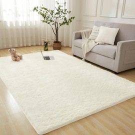 Andency 8x10 Shag Area Rug for Living Room, Cream Soft Fuzzy Plush Indoor Carpets for Bedroom, Non Skid Fluffy Faux Fur Rug for Room