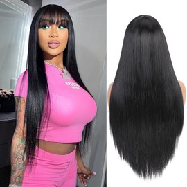 WIGER Long Black Wigs with Bangs Straight Black Hair Dye Wig for Women Long Bangs wig Full Black Cosplay Wig for Girls Synthetic Heat Resistant Natural Hair for Daily or Costumes (1B with Bangs)